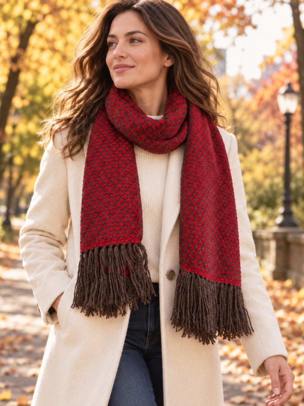 Handmade Wool Scarf Red Brown Woven Fringe
